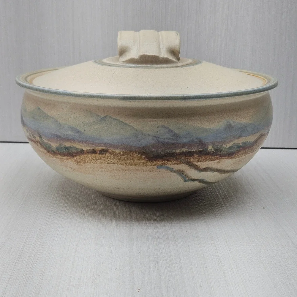 Studio Pottery Desert Landscape Lidded Casserole Dish Southwestern Stoneware